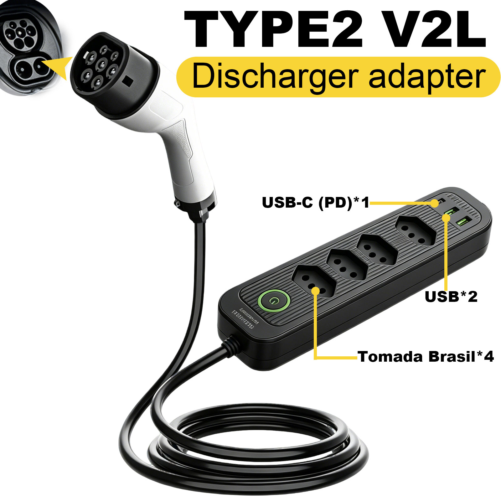 Outdoor Power Hub - Typ2 V2L Entladeadapter 16A Brasilianische Steckdose