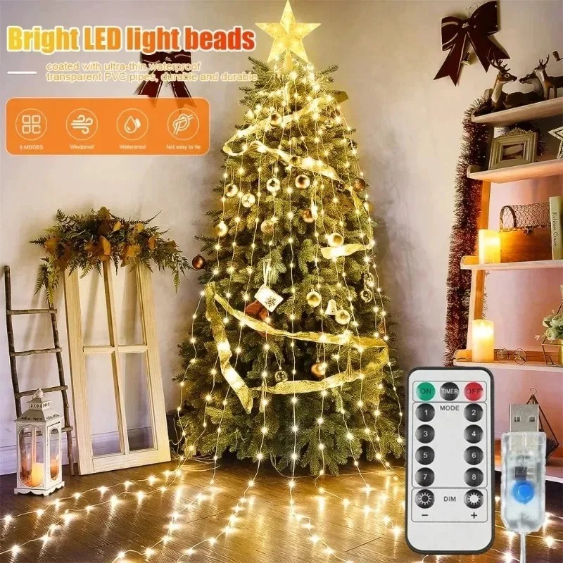 Outdoor Power For Xmas Lights - USB-betriebene 200-LED-Stern-Wasserfall-Lichterkette 2M 8 Modi Fernbedienung