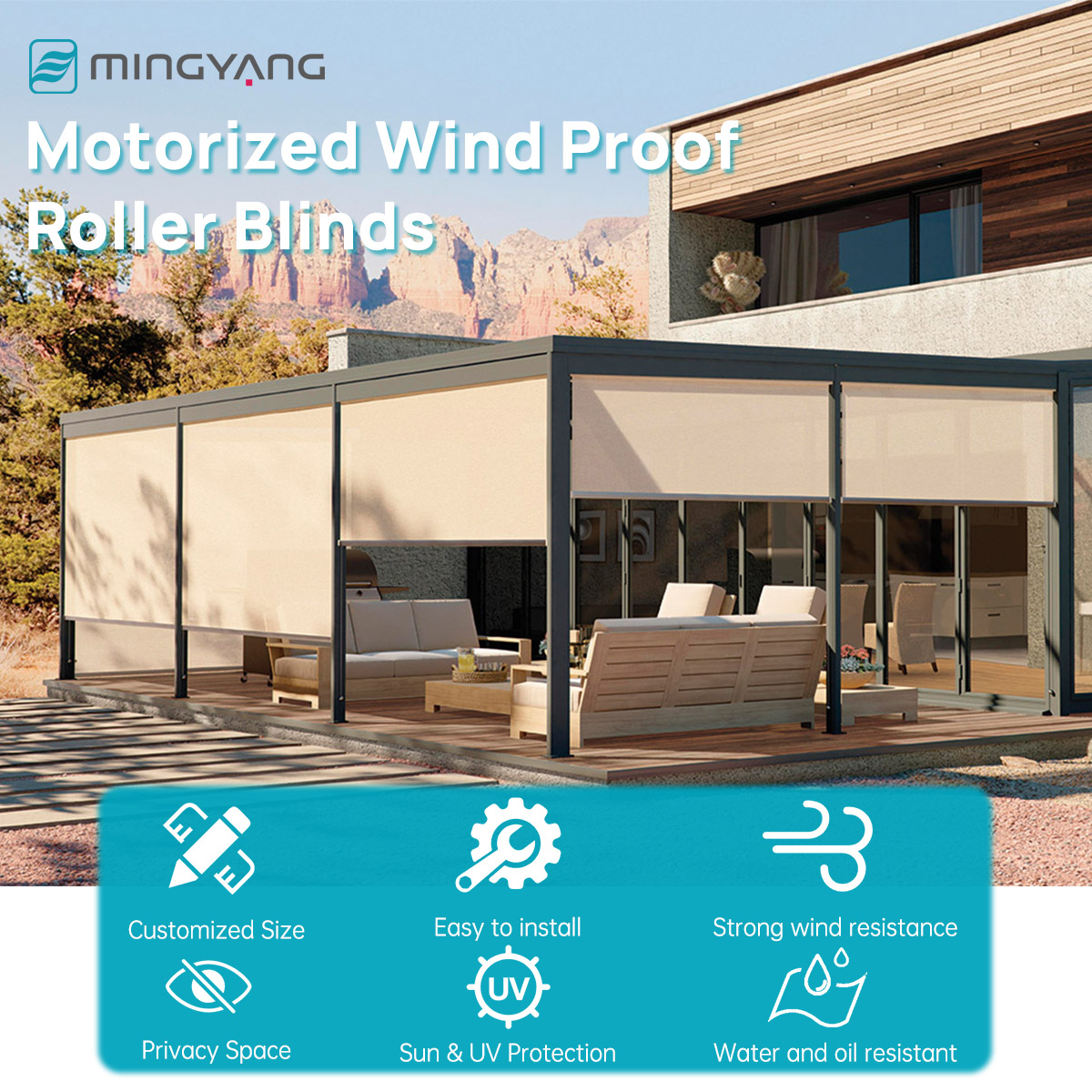 Eingebaute, wasserdichte, wind – Outdoor Power Roller Shades Bewertung und Preis